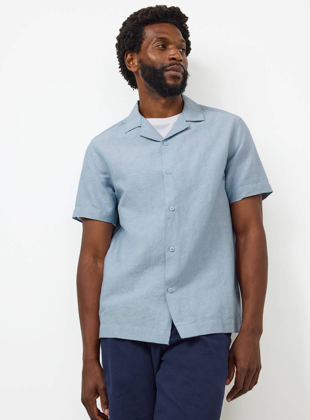 Light Blue Linen Blend Revere Shirt M - Image 1